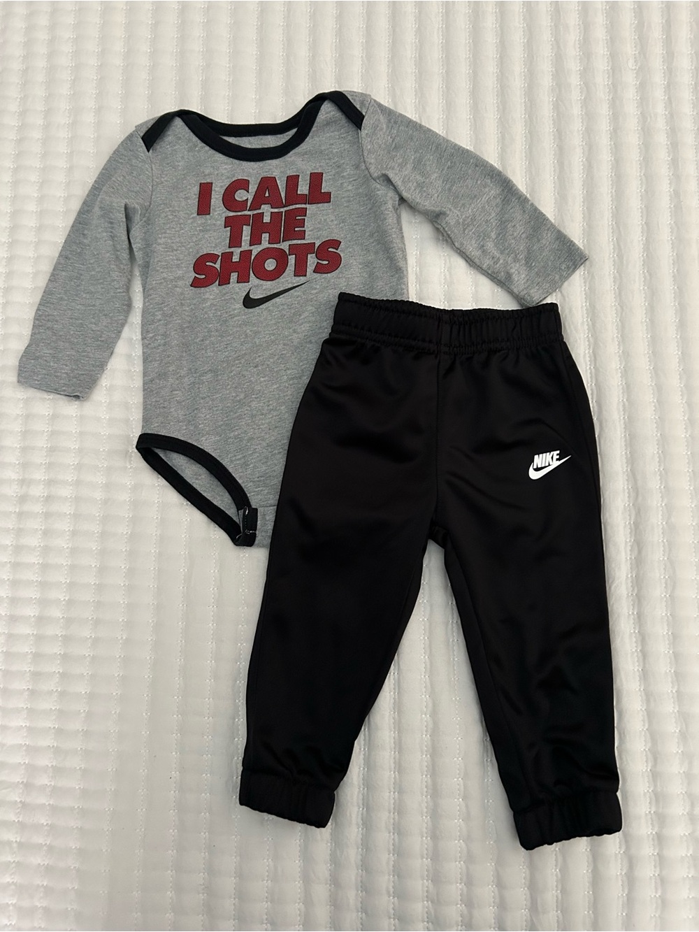 Nike Boys Gray Long Sleeve Bodysuit and Black Jogger Sweatpants, Size 12M